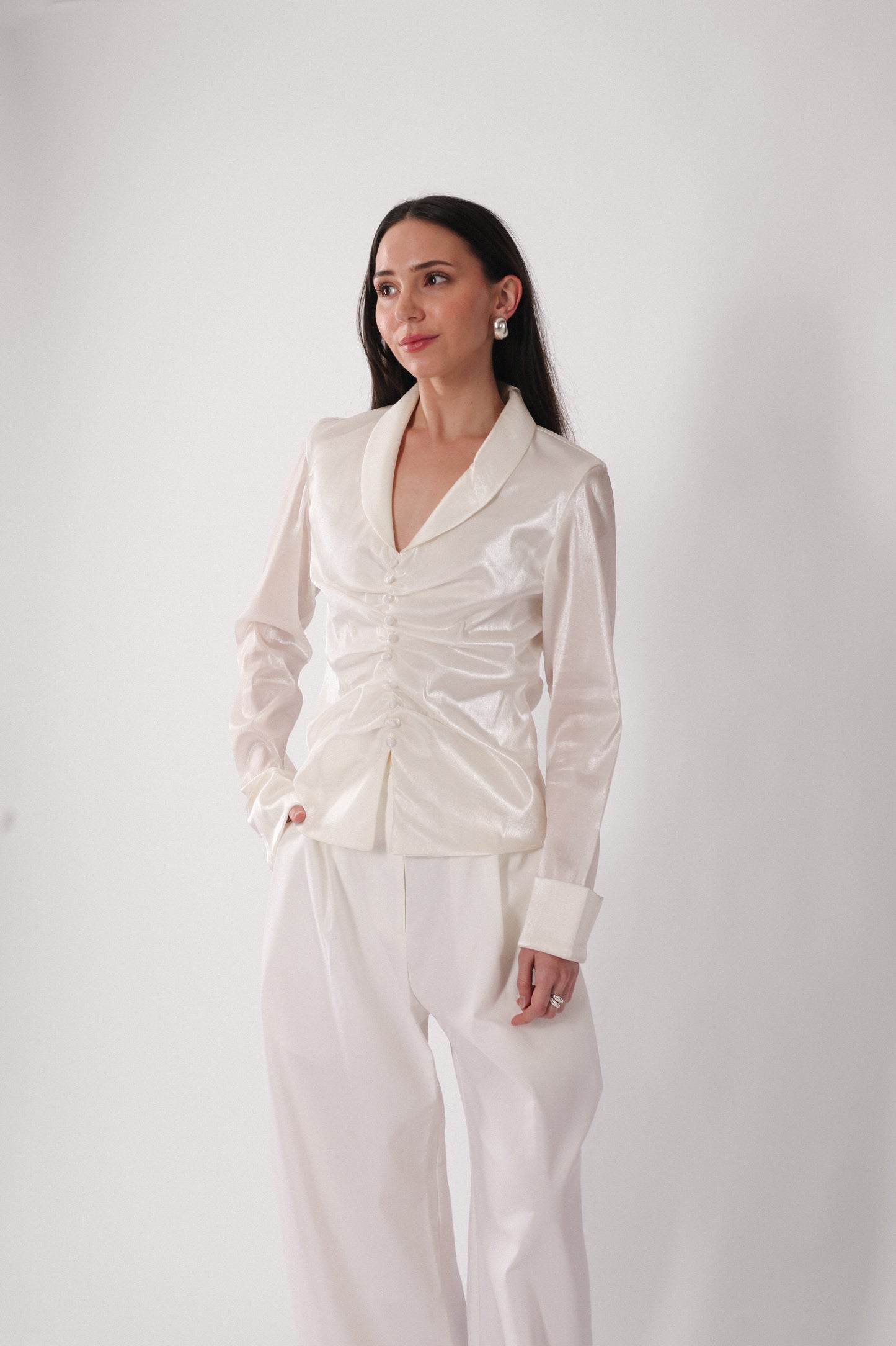 Delaru Ruched Button Blouse
