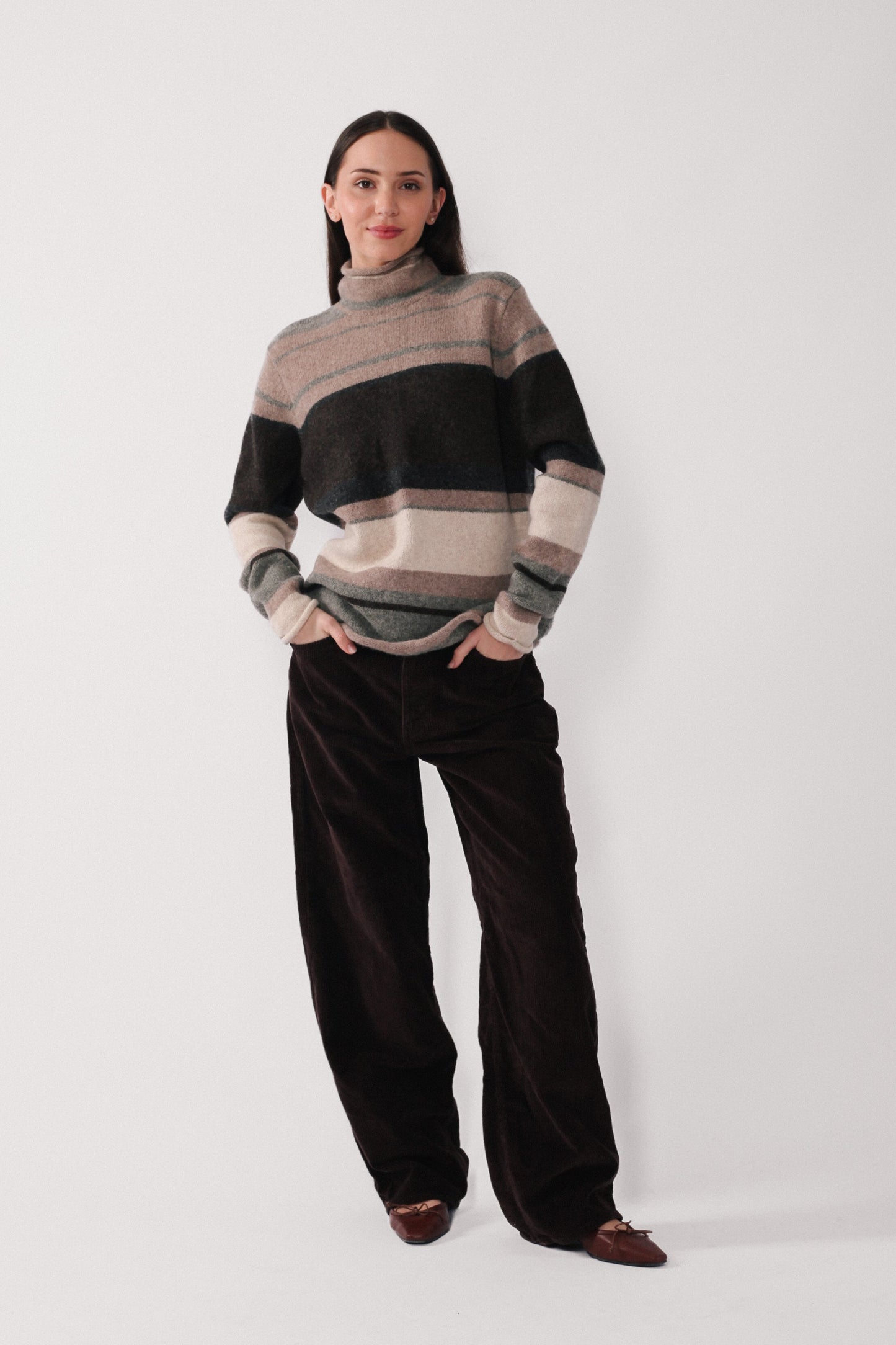 Neutral Stripe Turtleneck Sweater