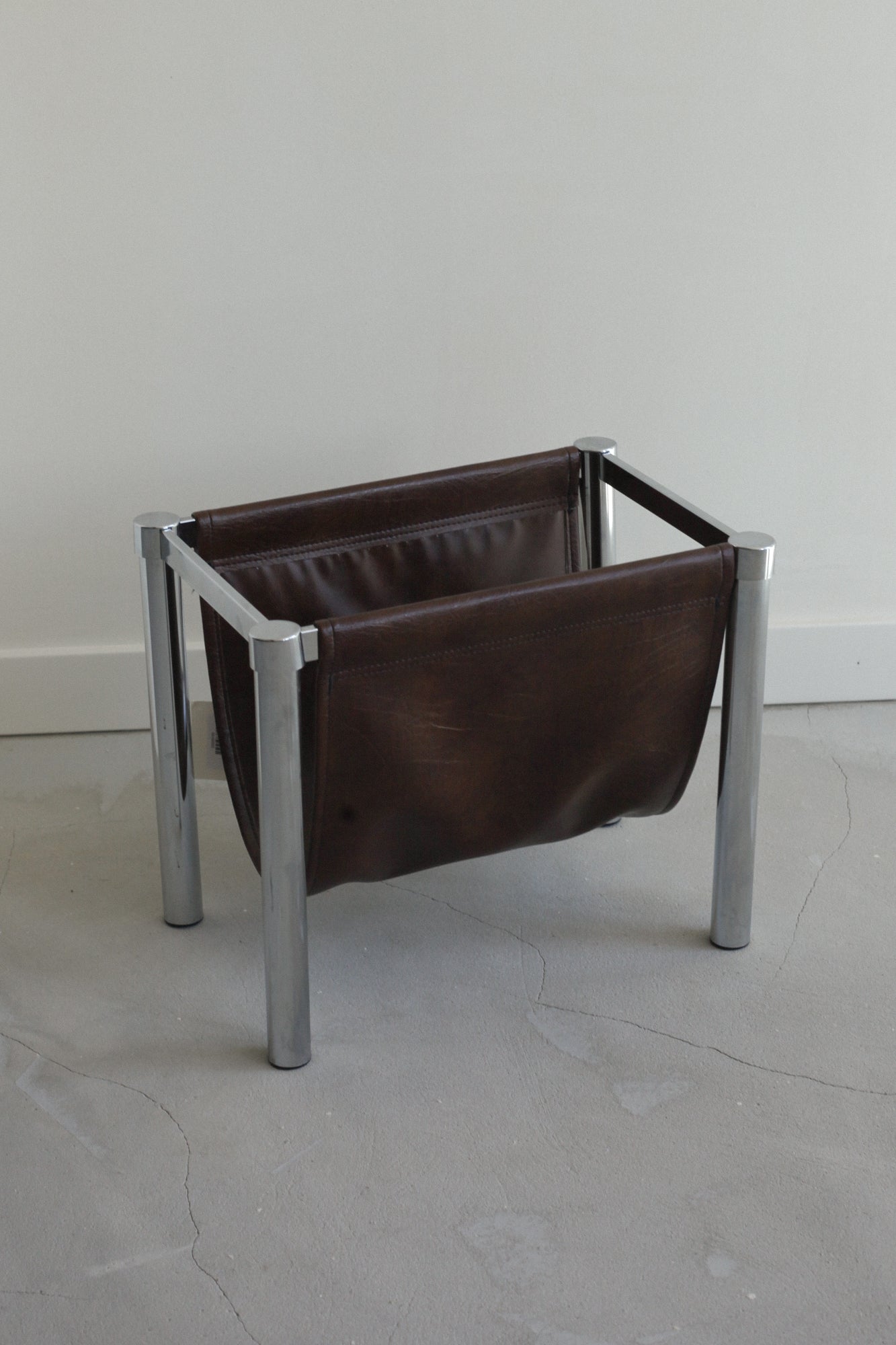 Chrome & Faux Chocolate Leather Magazine Rack