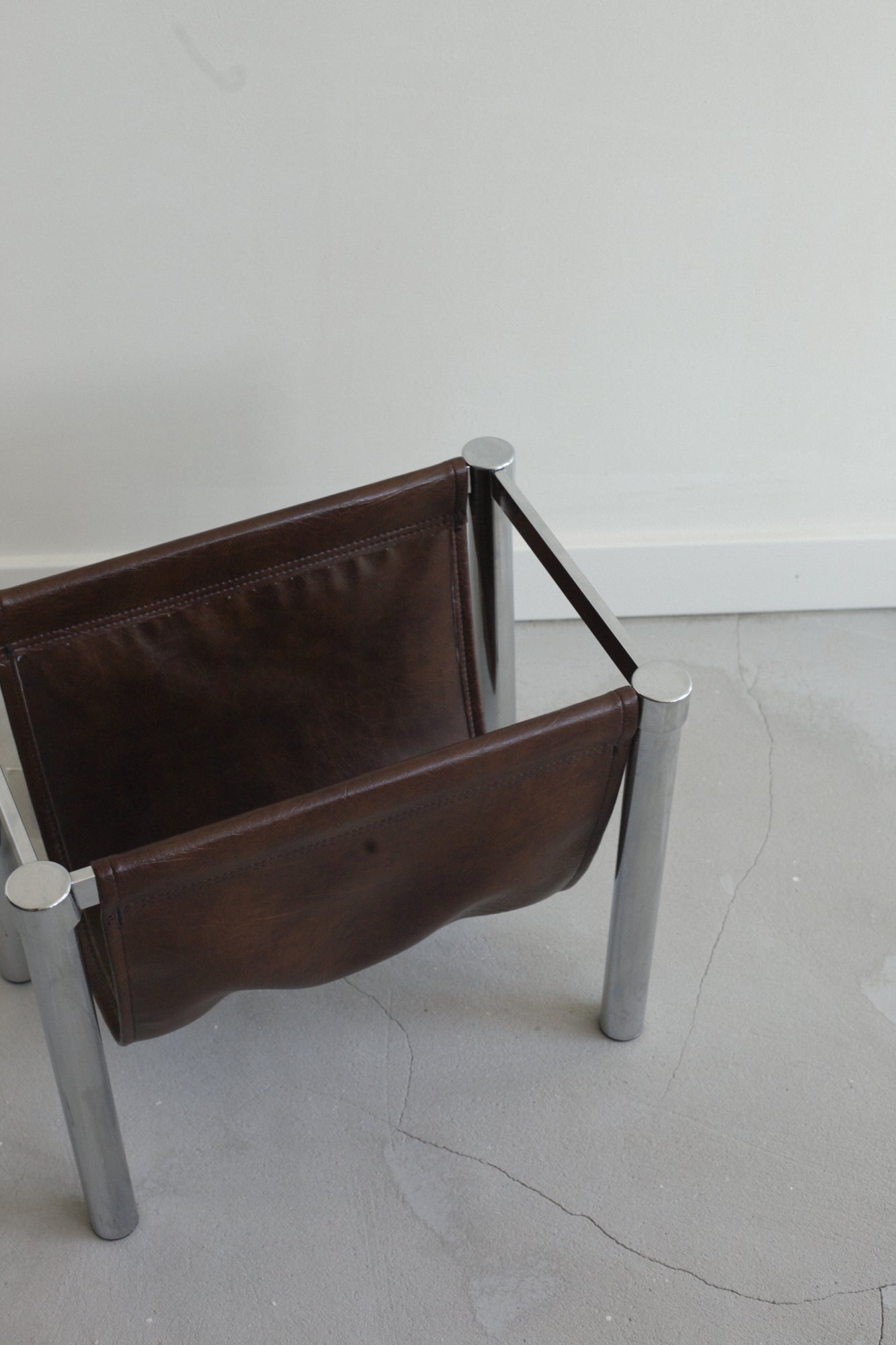 Chrome & Faux Chocolate Leather Magazine Rack