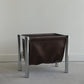 Chrome & Faux Chocolate Leather Magazine Rack