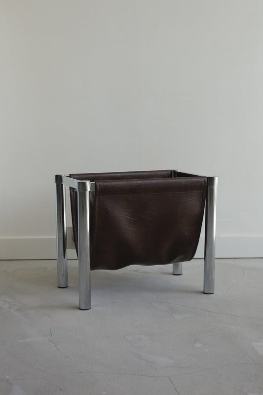 Chrome & Faux Chocolate Leather Magazine Rack