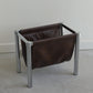 Chrome & Faux Chocolate Leather Magazine Rack